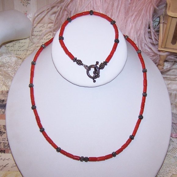 Sterling Silver and Red Coral Bead Necklace and Bracelet - Picture 1 of 8